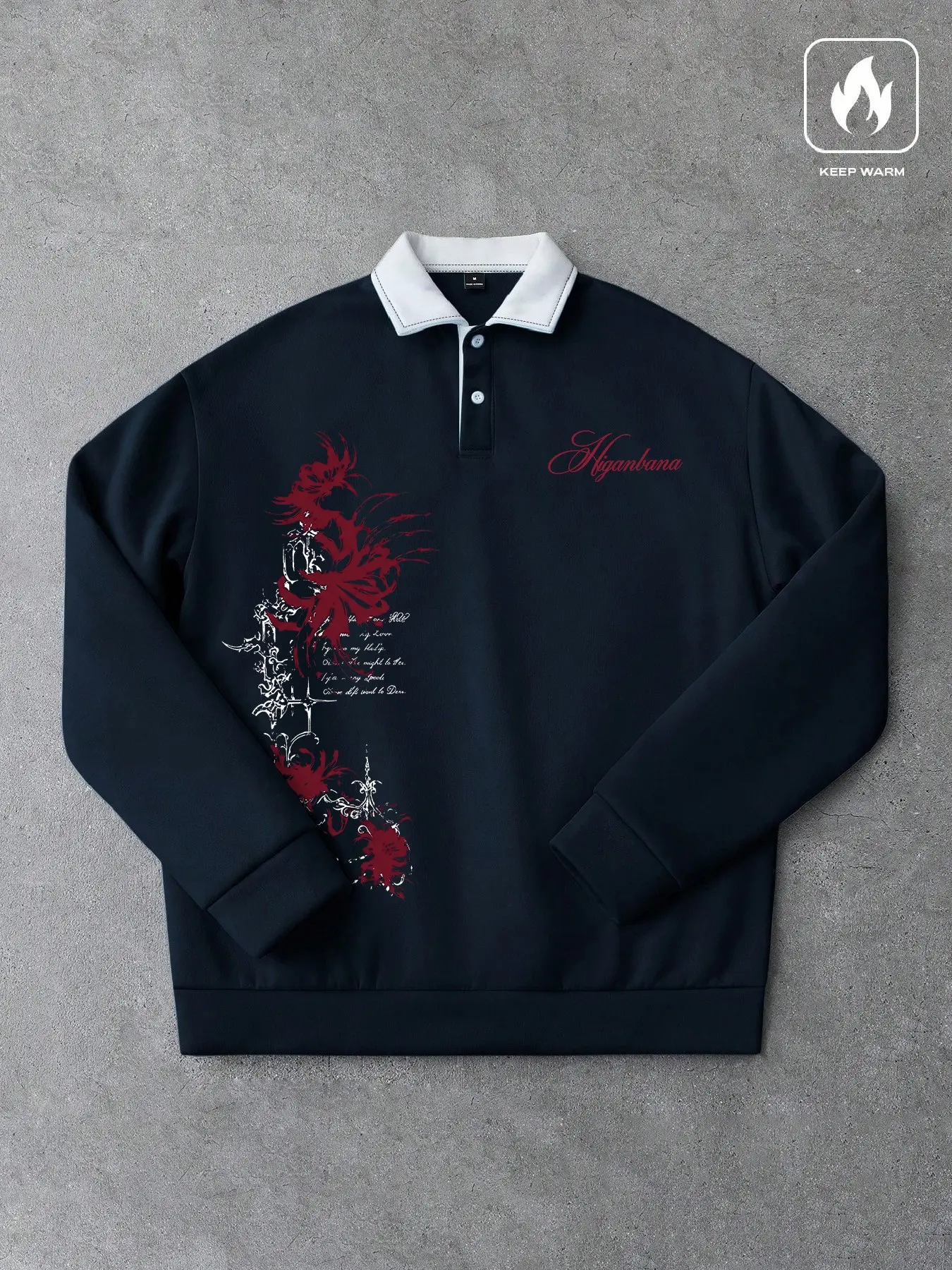 Men's Iris Pattern Fleece Lined Polo Neck Long Sleeve Sweatshirt, Autumn Winter Warm Turn-Down Collar Pullover Top