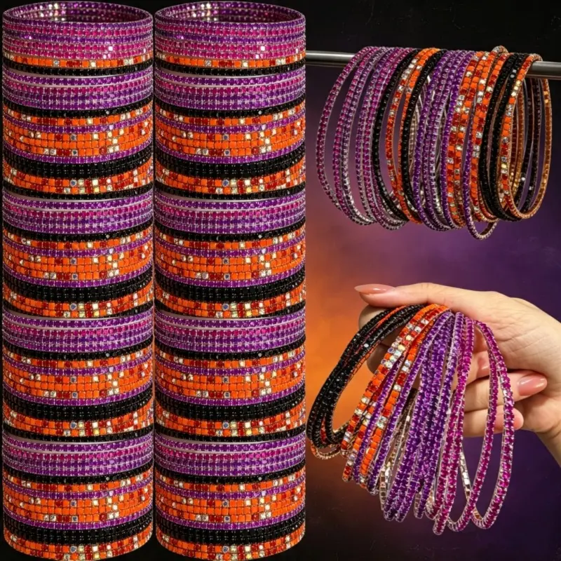 10/20Pcs Halloween Sparkling Stretch Bracelets, Multicolor Purple Orange Black Stackable Elastic Bangle, Mixed Color Shiny Wrist Bands, Party Holiday Halloween Costume Jewelry Gift for Women