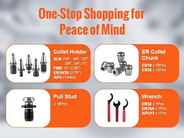 VEVOR CAT40 Collet Holder ER 16/32 Collet Set, 35 PCs, SLN FMB ER16/32 APU Tool Holders Spring Steel Collet Chucks with 10 Pull Studs and 3 Wrenches, for Milling Machine Drill Presses Boring Machine