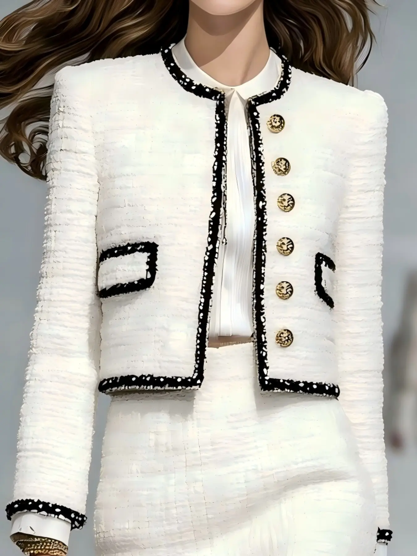 2026 Fall Winter New Contrast Fringe Tweed Short Coat for Women, Round Neck Gold Button Slim Fit Petite Noble Commute Top
