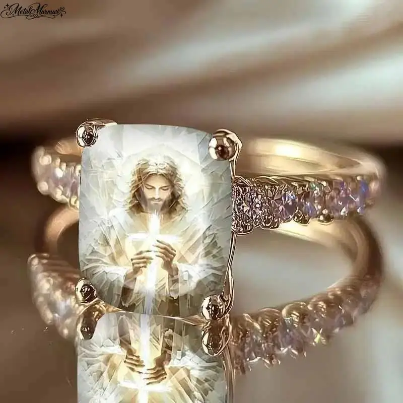 Adult Unisex Premium Vintage Jesus Christ Cross Ring Religious Faith Graphic Print Cabochon Jewelry Sparkling Rhinestone Inlaid Aesthetic Spiritual Catholic Gift Everyday Wear Statement Band Accessories