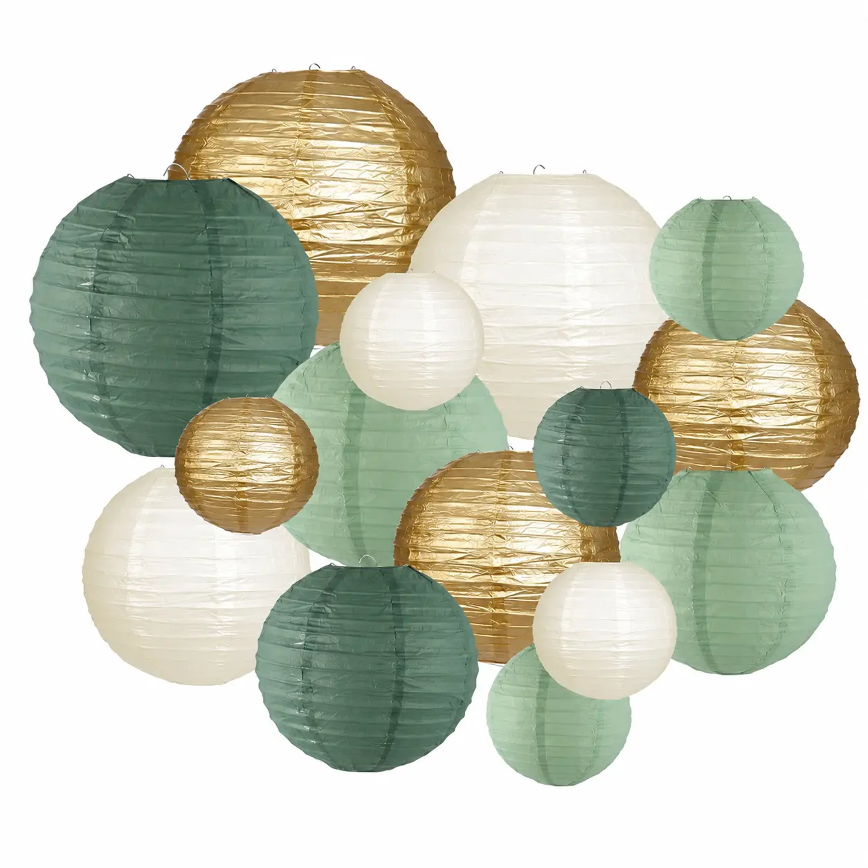 Handmade Sage Green and Gold Paper Lanterns Set – 15-Piece Elegant Wedding, Party, and Home Decor with Neutral Cream, Olive, and Charcoal Accents for Calming Ambiance