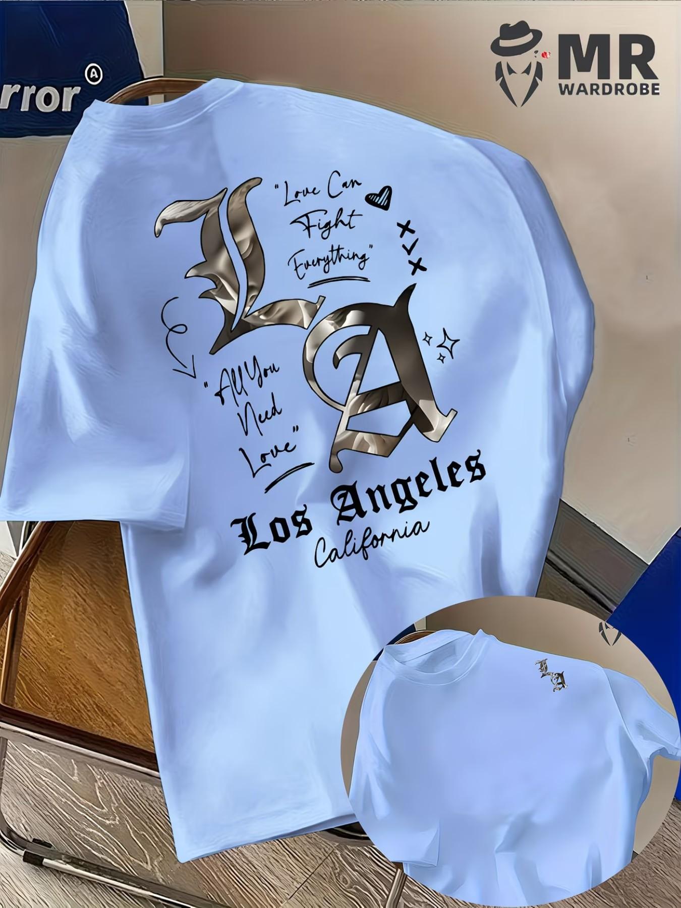 Men's La Pattern T-Shirt, Deep Star Letter Print, Lightweight Summer Casual Top, Street Style, Comfortable Fabric