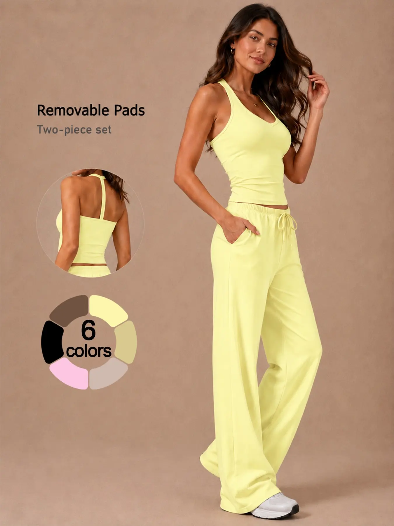2 Piece Women's Cami Top Long Pants Sports Set Cool Quick Dry Breathable Four Way Stretch Racerback Adjustable Drawstring Wide Leg Pants Removable Padded Yoga Outfit Gym Shopping Airport Fashion Athleisure Set Versatile Sportswear