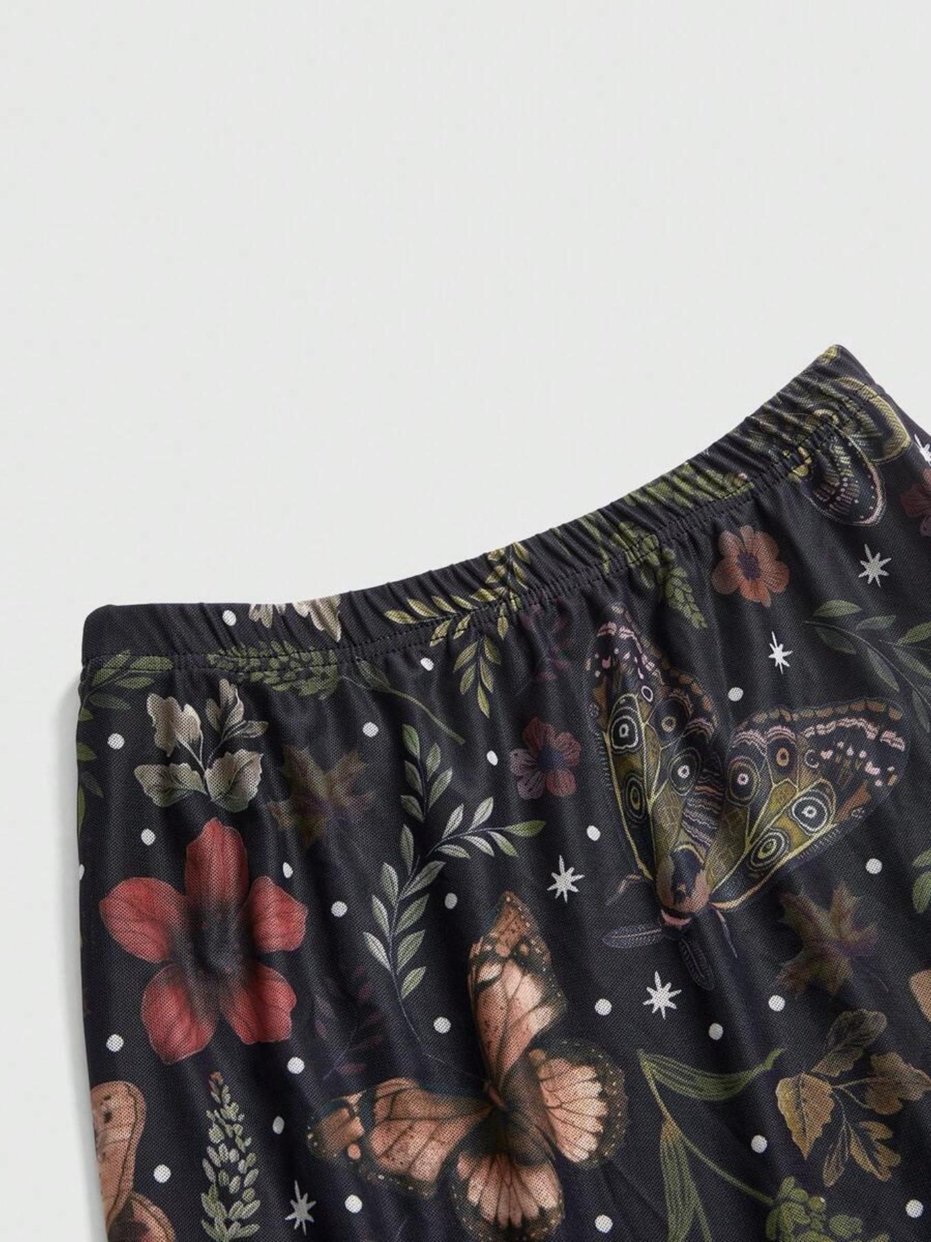 Fairycore Gothic A-Line Skirt, Bohemian, Casual Boho Skirt, Bat Skull Moon Pumpkin Print, Boho Plant Leaf Butterfly Maple Mushroom Floral Design, Elegant Party Dress, All-Season Long Skirt, Elastic, Bottom
