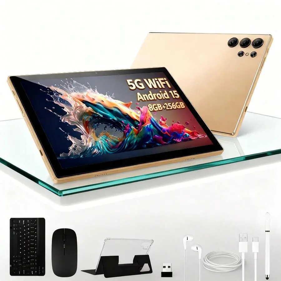 W&O 2025 New 10.1in 2-In-1 Android 15 Tablet with Keyboard & Stylus - 8GB RAM+256GB Storage (Expandable to 1TB), 8000mAh Battery, HD IPS Screen, Wi-Fi 6 - Work & Play Bundle, Holiday Gift for Christmas/Birthdays