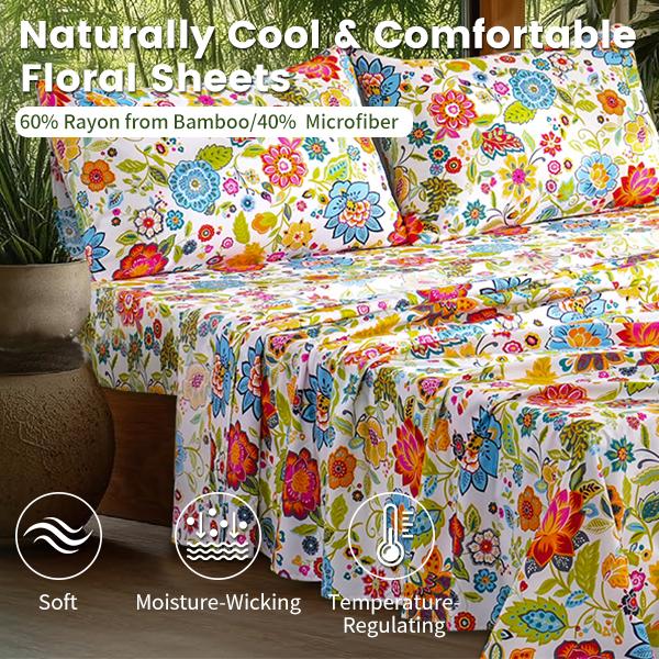 Bedlifes  Bamboo Blend & Brushed Microfiber Cooling & Soft Floral Bed Sheet Set  Soft 14-21"Extra Deep Pocket