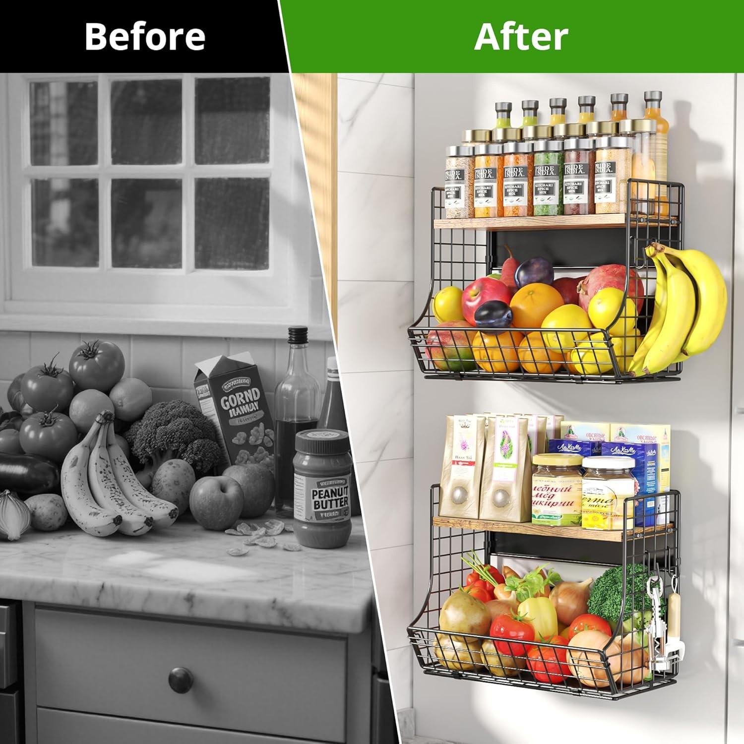 Magnetic Shelf for Fridge with Wood Lid, Fruit Potato and Onion Storage Bins, Pantry Organizers and Storage, Strong Magnetic Spice Rack for Refrigerator, Kitchen Counter and Laundry Room, Wooden