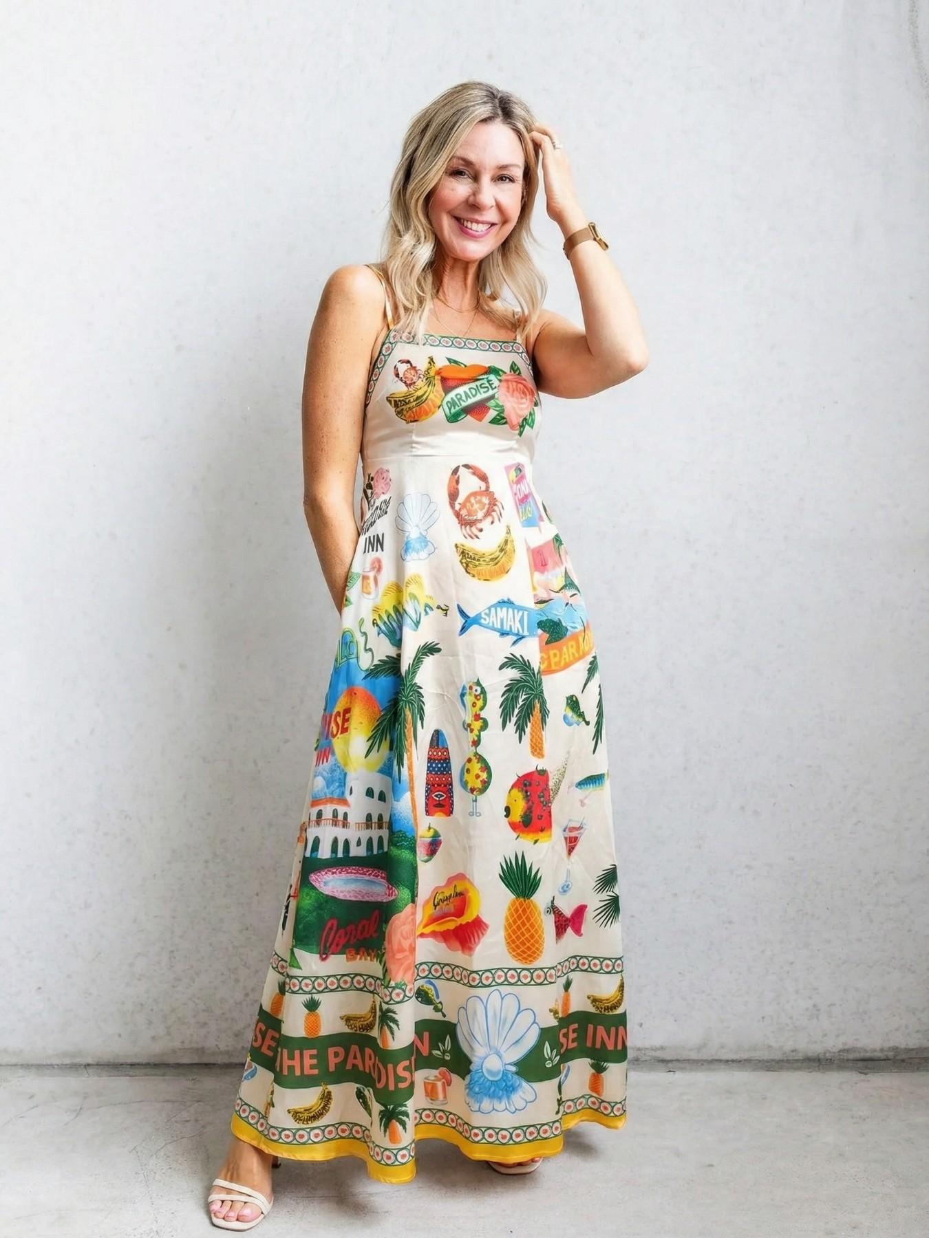 Women's All Over Print Cami Dress, Boho Casual Sleeveless Spaghetti Strap Dress for Beach Holiday Vacation, Ladies Spring & Fall Clothes