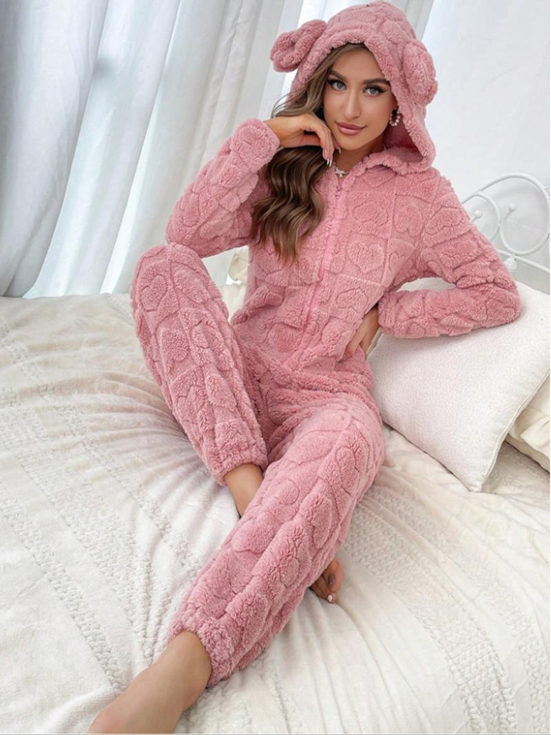 Women's Plush Onesie Pajamas Set, Long Sleeve Hooded Jumpsuit with Ears Design, Autumn Winter Warm Sleepwear for Ladies