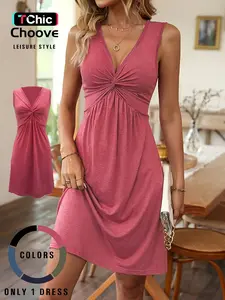 Women's Casual Dress Style Chic Sleeveless Short Dress, Cross Neck, Twist Design, Ruched A-Line Hem, Slim Fit, Soft Lightweight Fabric, All Seasons Wear, Summer, Womenswear