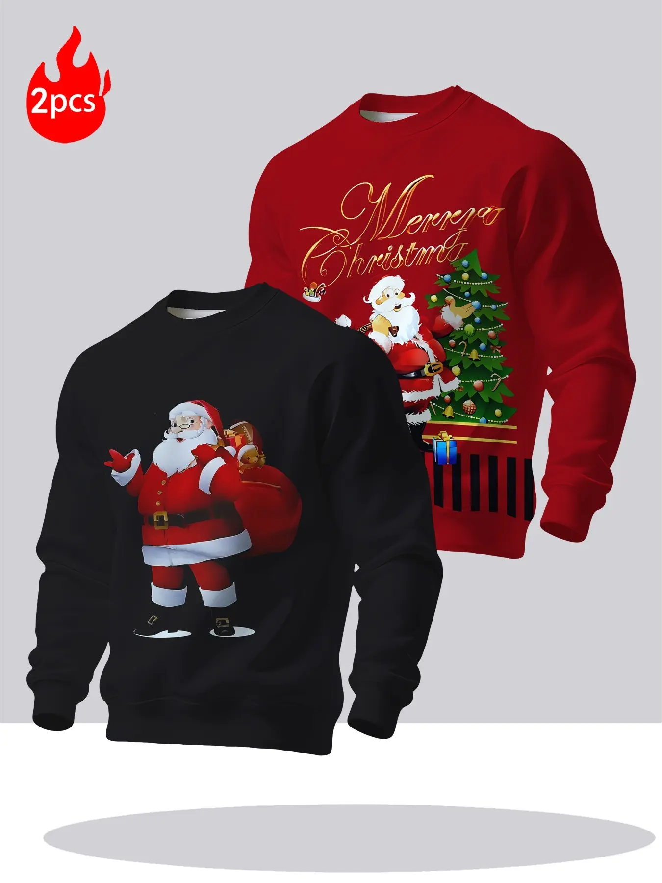 2 Piece Christmas Theme Crew Neck Sweatshirt Set, Cartoon Santa Claus Design, Loose Fit, Fall Winter, Holiday Party Wear