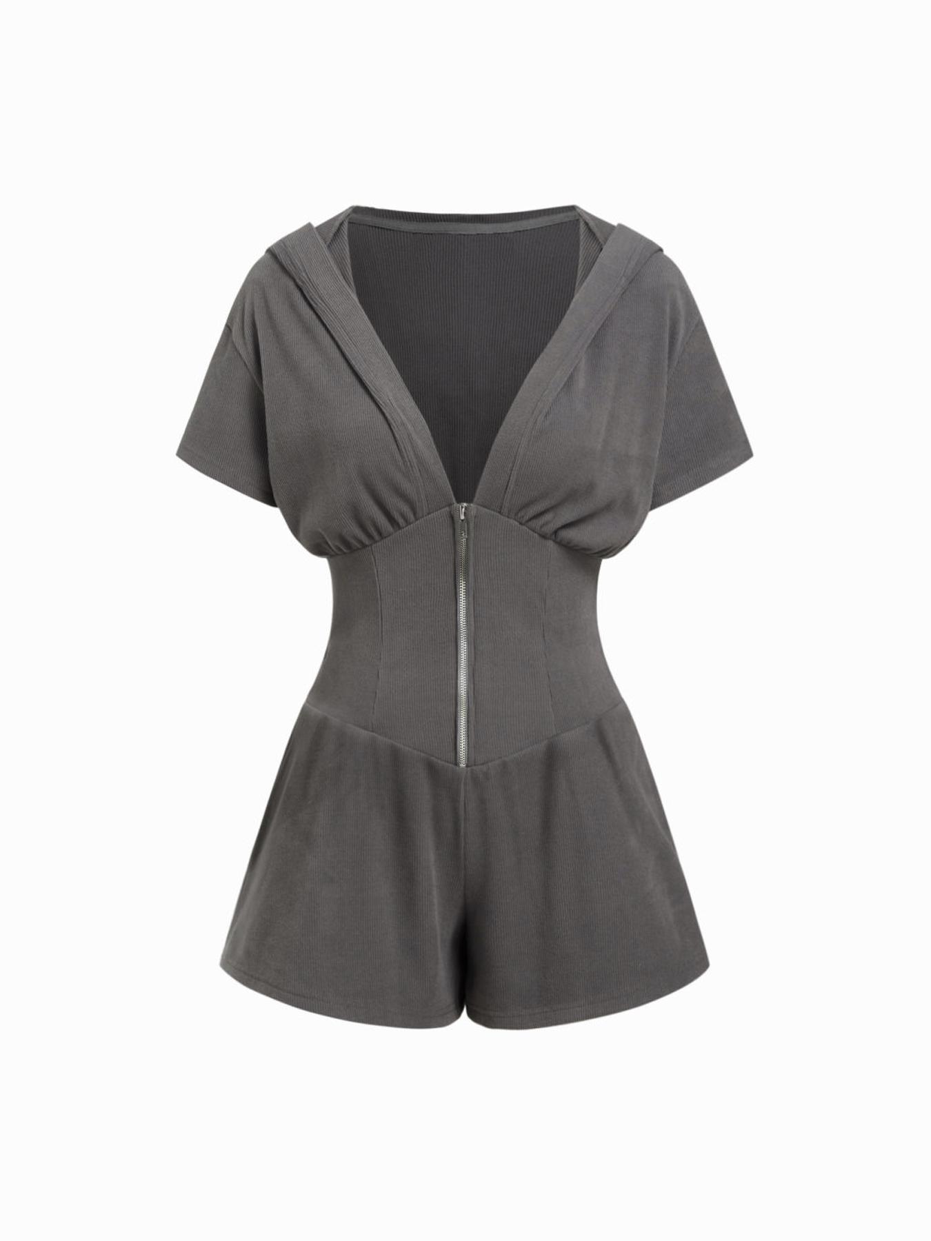 1 Deep V Neck Hooded Romper Women | Front Zipper Slim Fit Short Jumpsuit | Going Out Y2K Outfit | Casual Daily Wear Beach Vacation
