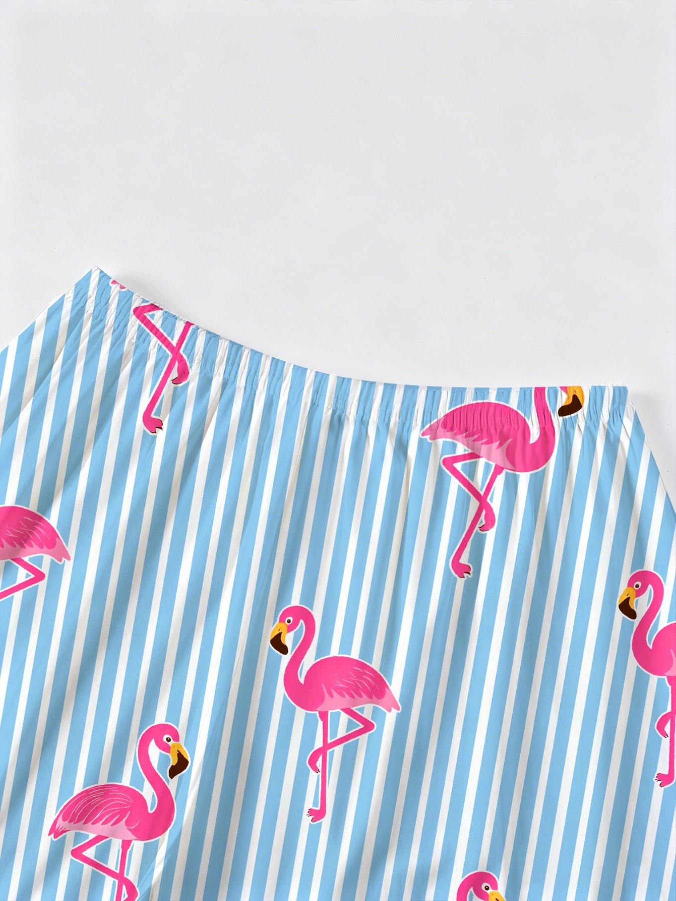 Women's Striped Flamingo Print Pajama Set Pjs, Short Sleeve Button-Up Top & Elastic Shorts, Casual Loungewear Outfit & Pajamas for Home Wear, All Seasons
