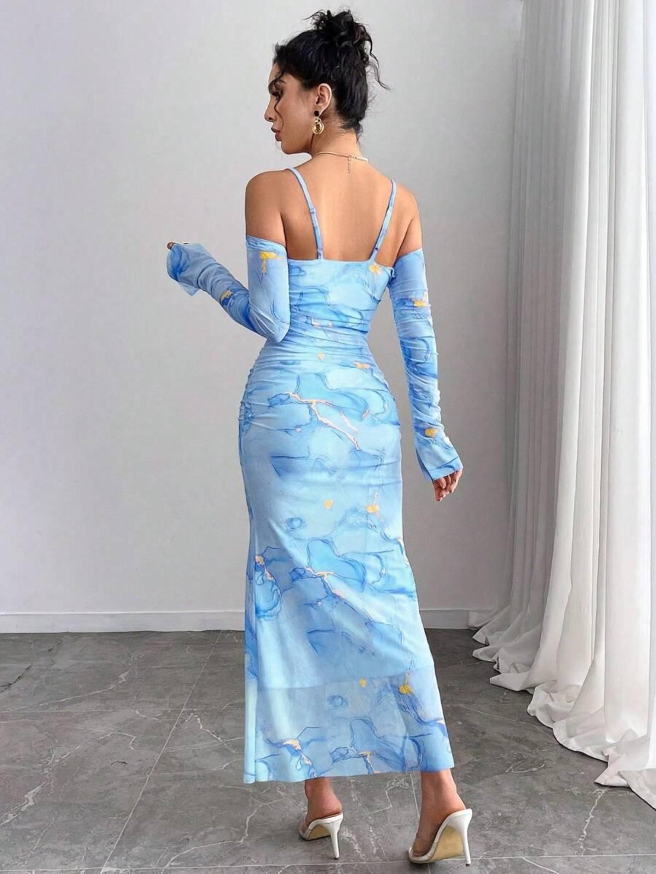 Lafayette Women's Mesh Long Sleeve Dress, Off-Shoulder Mermaid Skirt Gown, Elegant Evening Wear, Perfect for Special Occasions