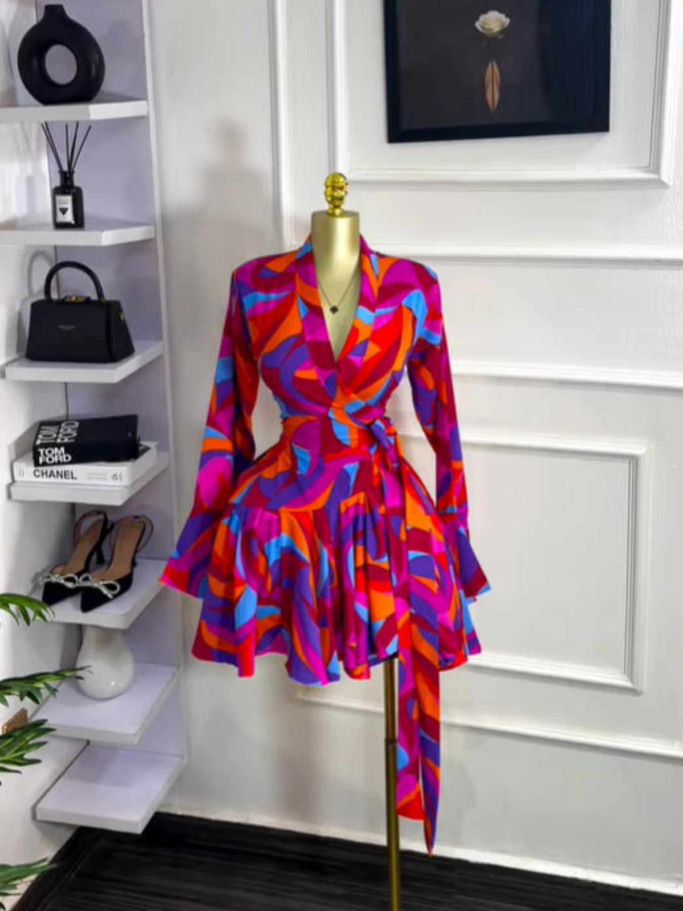 PULKRITU Elegant Aesthetic Women's Tie-Dye Polka Dot Print Flare Long Sleeve Dress, V-Neck Bow Hem, Fall Winter Wear, Elegant Vacation Party Birthday Dress,Lady Skirt,Casual Dresses,Female Brunch Dresses,Music Festival Dress,Fashion