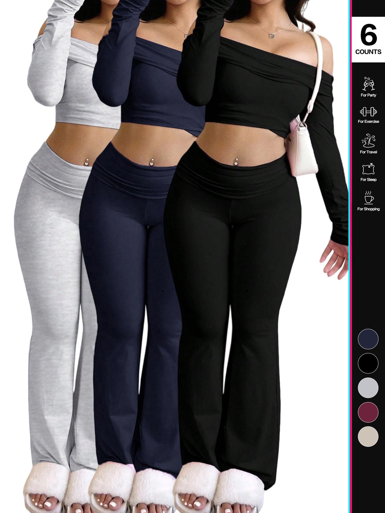 Women's Two-Piece Set, Off-The-Shoulder Long Sleeve Crop Top & Pants, Solid Color, Basic Casual Loose-Fitting, All Seasons, Stylish Women's Clothing