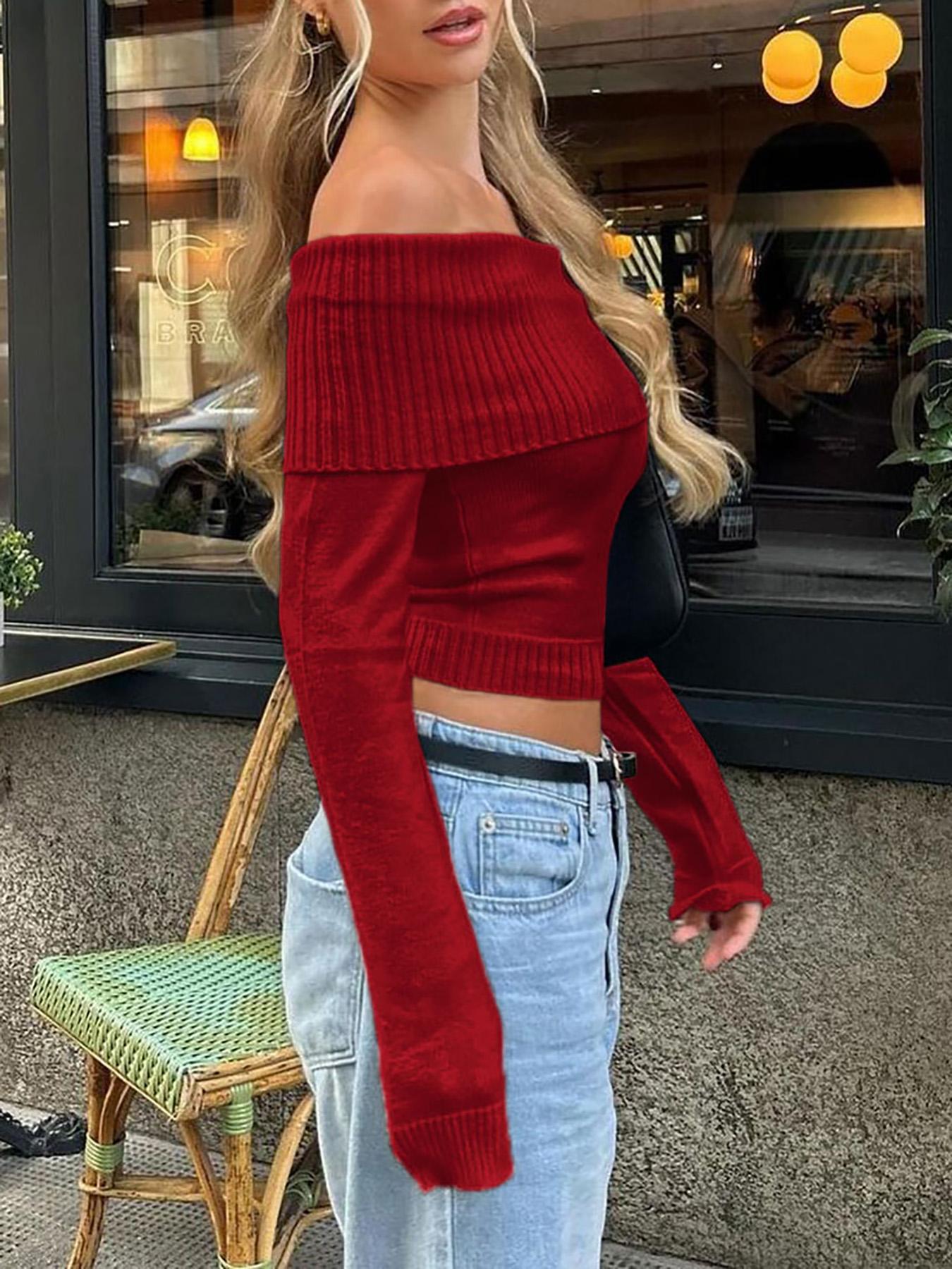 Women's Plain Off Shoulder Sweater, Elegant Fashion Casual Long Sleeve Jumper for Daily Outdoor Wear, Women Knitwear for All Seasons, Lightweight Casual Top, Tops