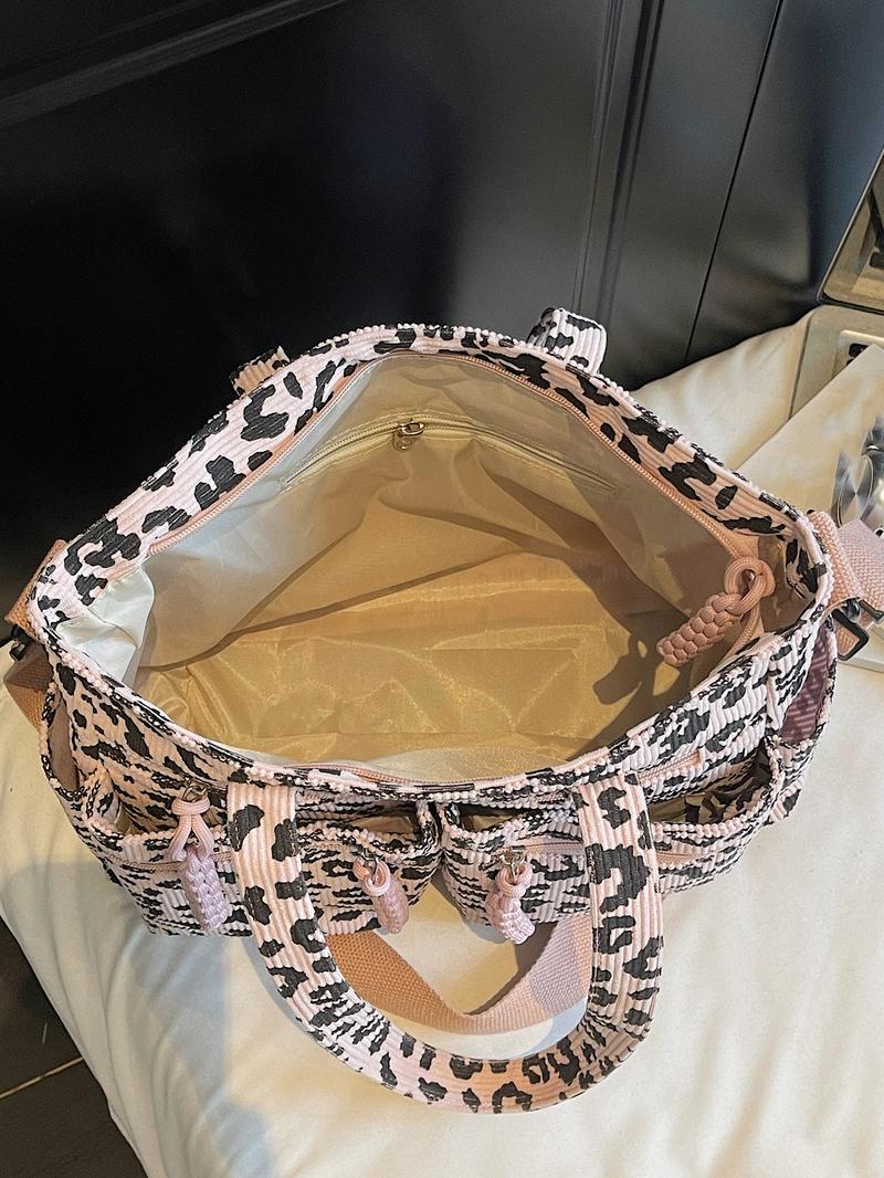 Retro leopard print fashionable shoulder bag, niche minimalist casual shoulder bag, personalized lazy leopard print multi pocket design, practical clown, suitable for students' daily commuting and shopping, Crossbody Tote Bag