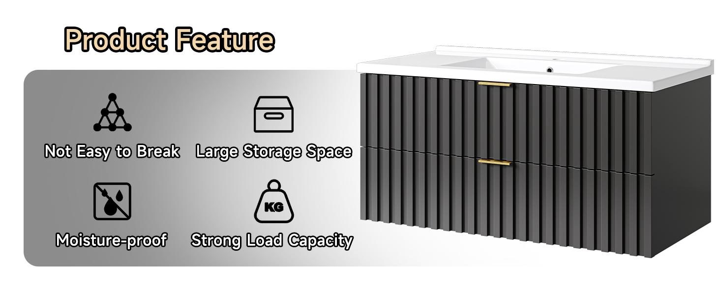 【SPOTLIGHT DAY】ONBRILL Bathroom Vanity with Sink Combo, Floating Bathroom Vanity with 2 Fluted Drawers & Metal Handle, Modern Wall Mount Storage Cabinet with Ceramic Integrated Sink for Small Space