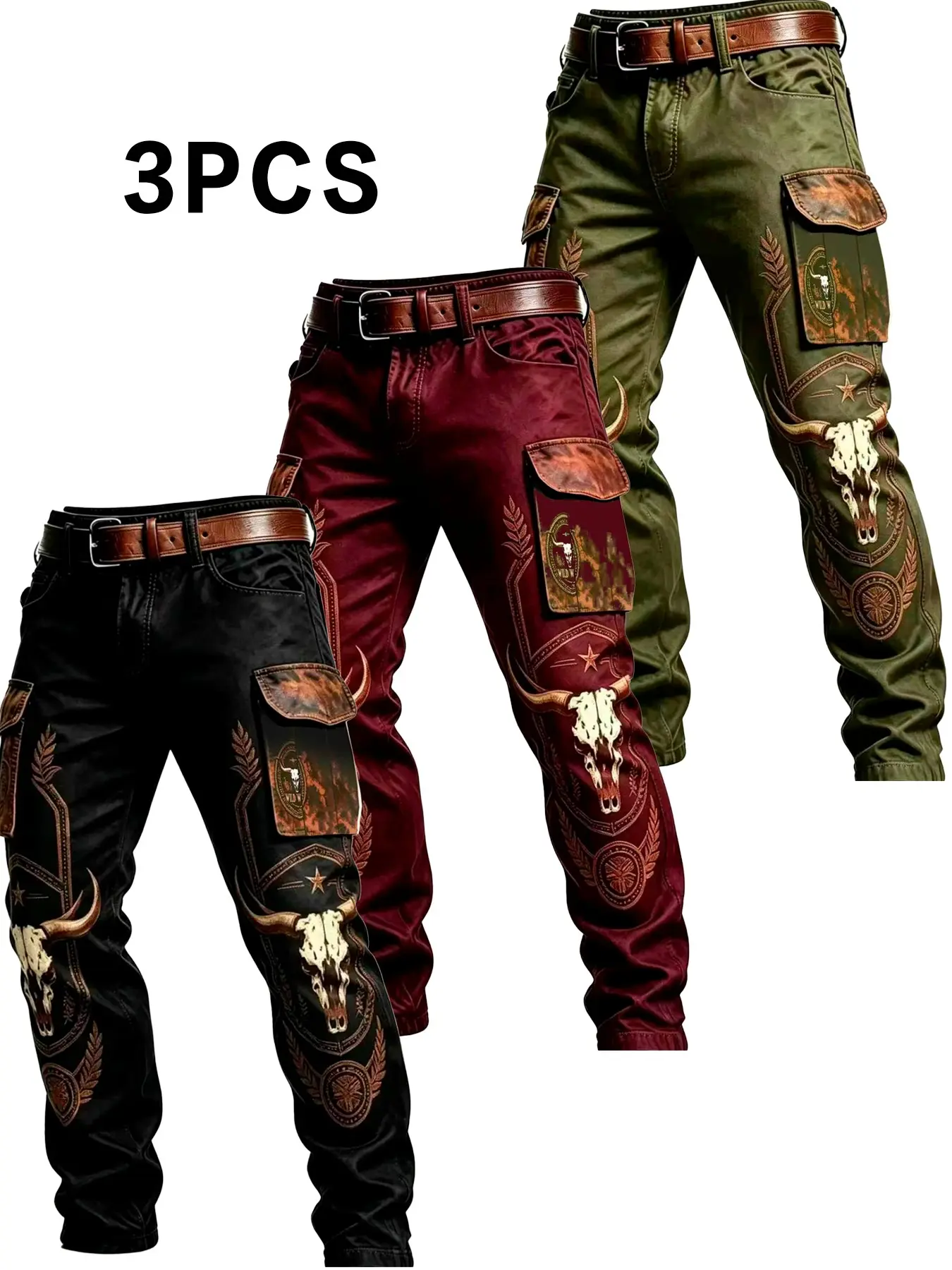 3-Pack Men's Vintage Patchwork Work Pants, Retro Multi-Pocket Ankle-Length Cargo Trousers, Colorblock Stitched Repair Jeans