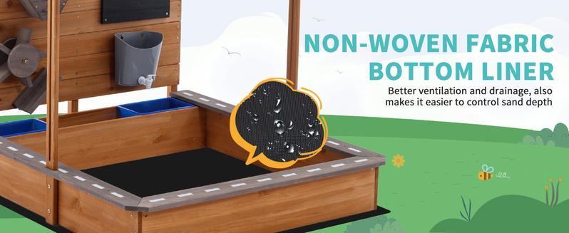 Linor Kids Wooden Sandbox with Roof, Canopy, Adjustable Cover, Sand Funnel, and Drawing Board for outdoor fun in the backyard or beach