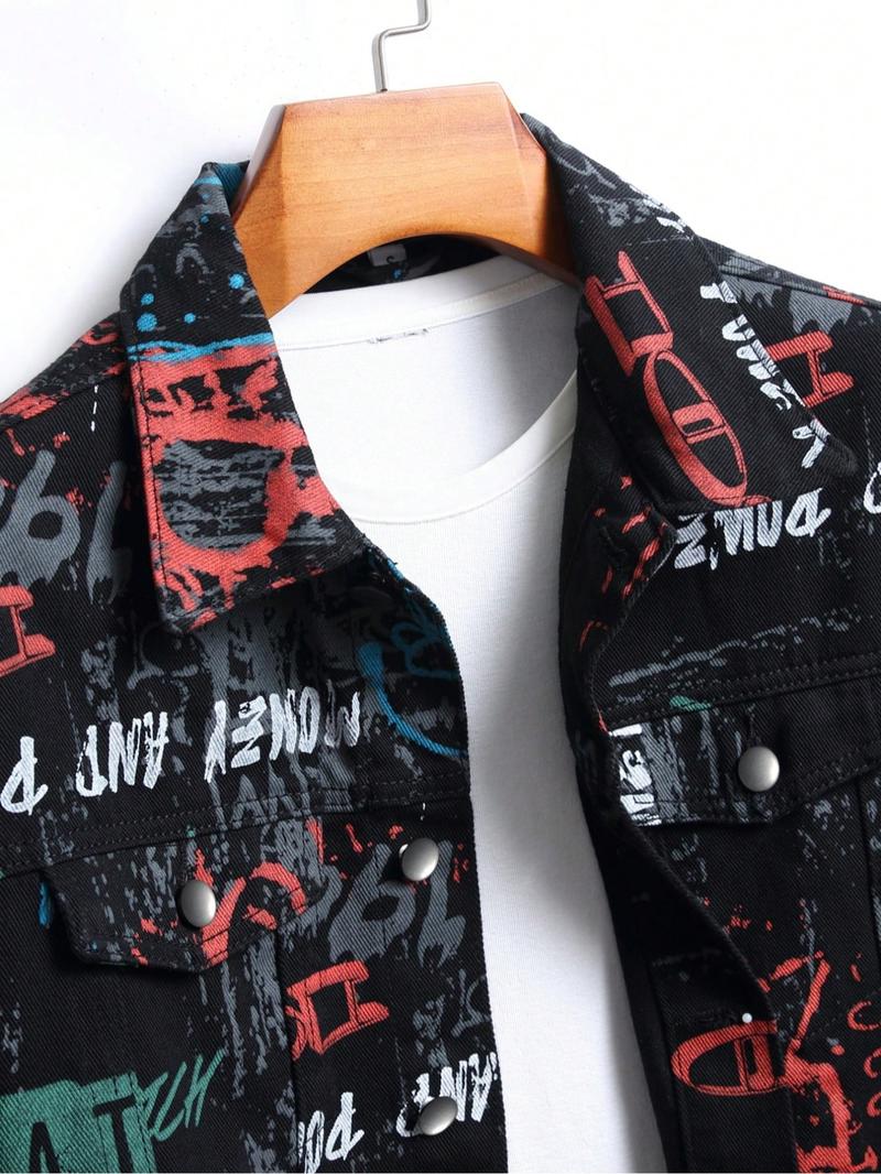 Men's Graffiti Letter Print Denim Jacket, Loose Casual Street Comfy Long Sleeve Outerwear for Daily Wear, Menswear for All Seasons, Coats