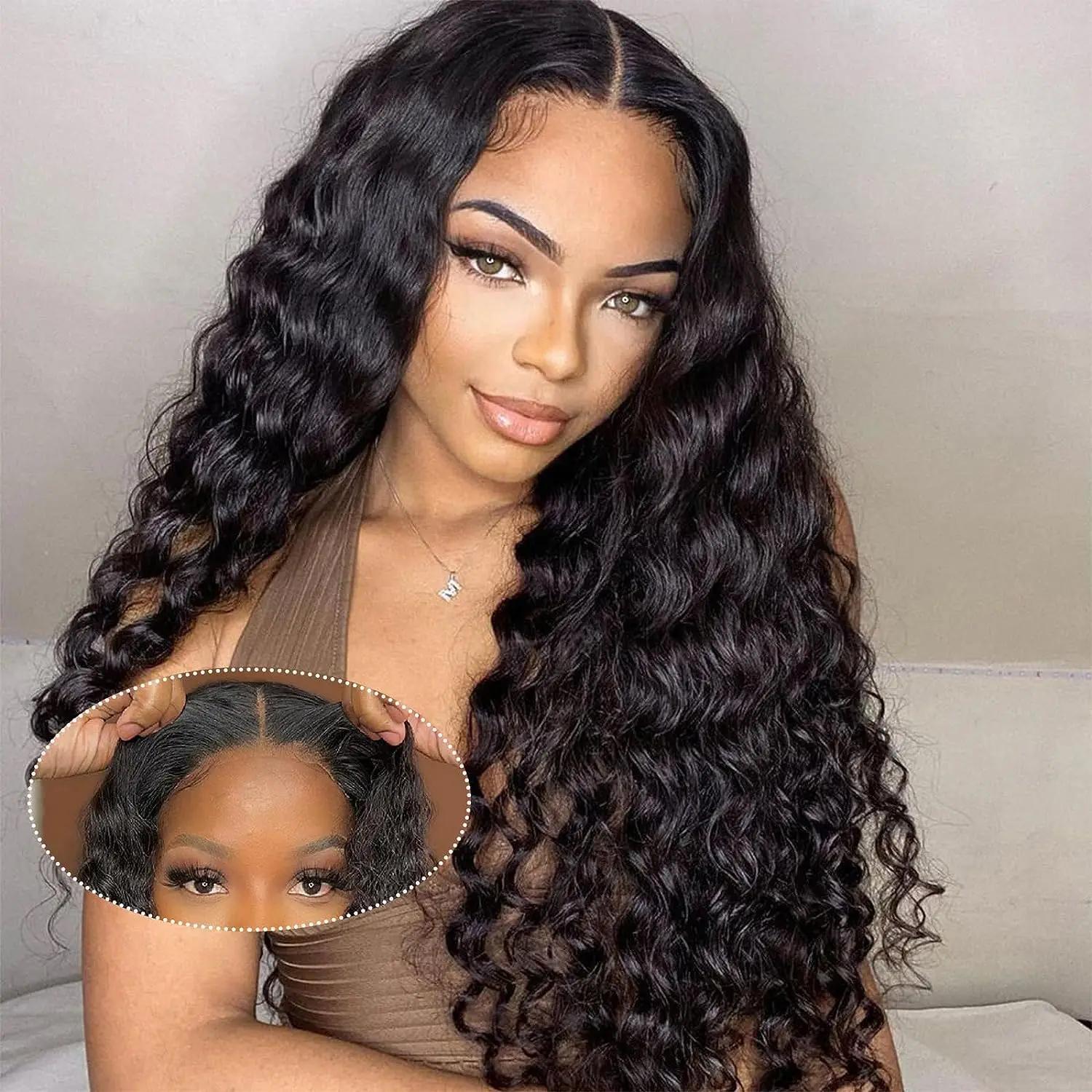 Bling Hair Glueless Deep Wave Ready to Wear 5x5 Lace Clousure Wig Human Hair Pre Plucked 6x4 Curly Brazilian Transparent Lace Wigs For Women