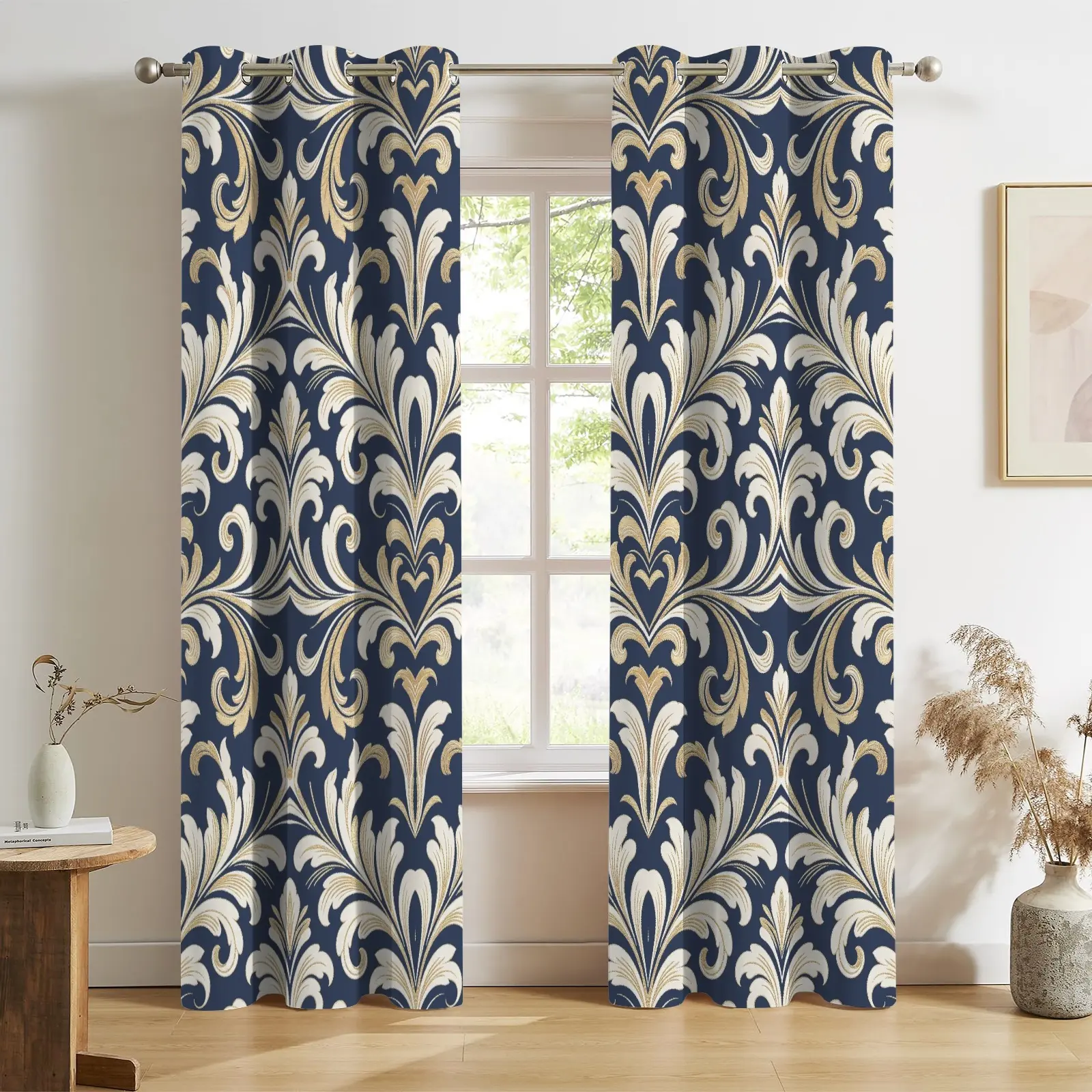 Vintage Damask Print Floral Motif Grommet Blackout Curtains - 100% Polyester Light Blocking Privacy Drapes, 52x63/52x84 in, Minimalist, Ideal for Most Doors/Windows, Home & Office Room Divider/Decor, Light Blocker