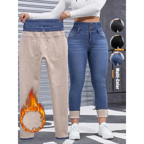 Women's High-Rise Fleece-Lined Jeans - High Elasticity Stretchy Blue Pants, Thick Comfortable for Fall & Winter, Sohochic Womenswear Bottoms