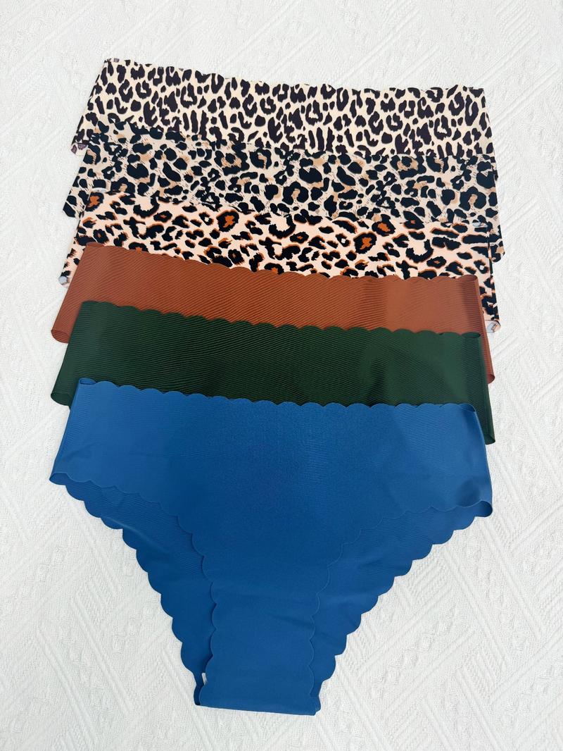 Women's Plain/Leopard Print Scallop Trim Knicker, Soft Comfy Breathable Drop Waist Panty for Daily Wear, Ladies Underwear for All Seasons