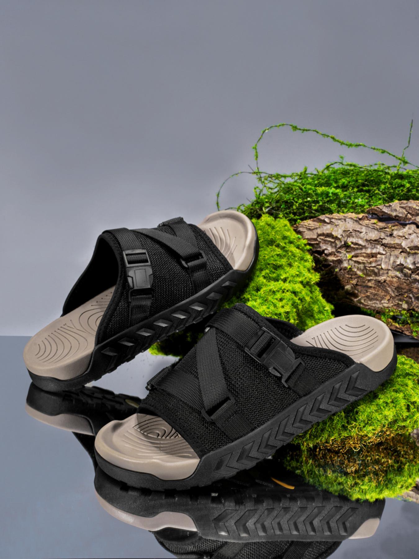 Men's Solid Color Mesh Double Buckle Flip-Flops Thick-Soled Non-Slip Outdoor Sandals Breathable Casual Beach Slippers