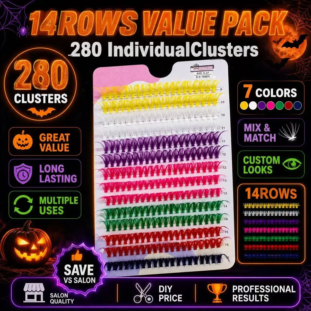 280 Pcs 7 Colors 40D False Eyelashes, Individual False Lashes, Halloween Creative Mix Length 9-16mm, Lightweight Long-Lasting, Perfect for Cosplay & Stage Shows