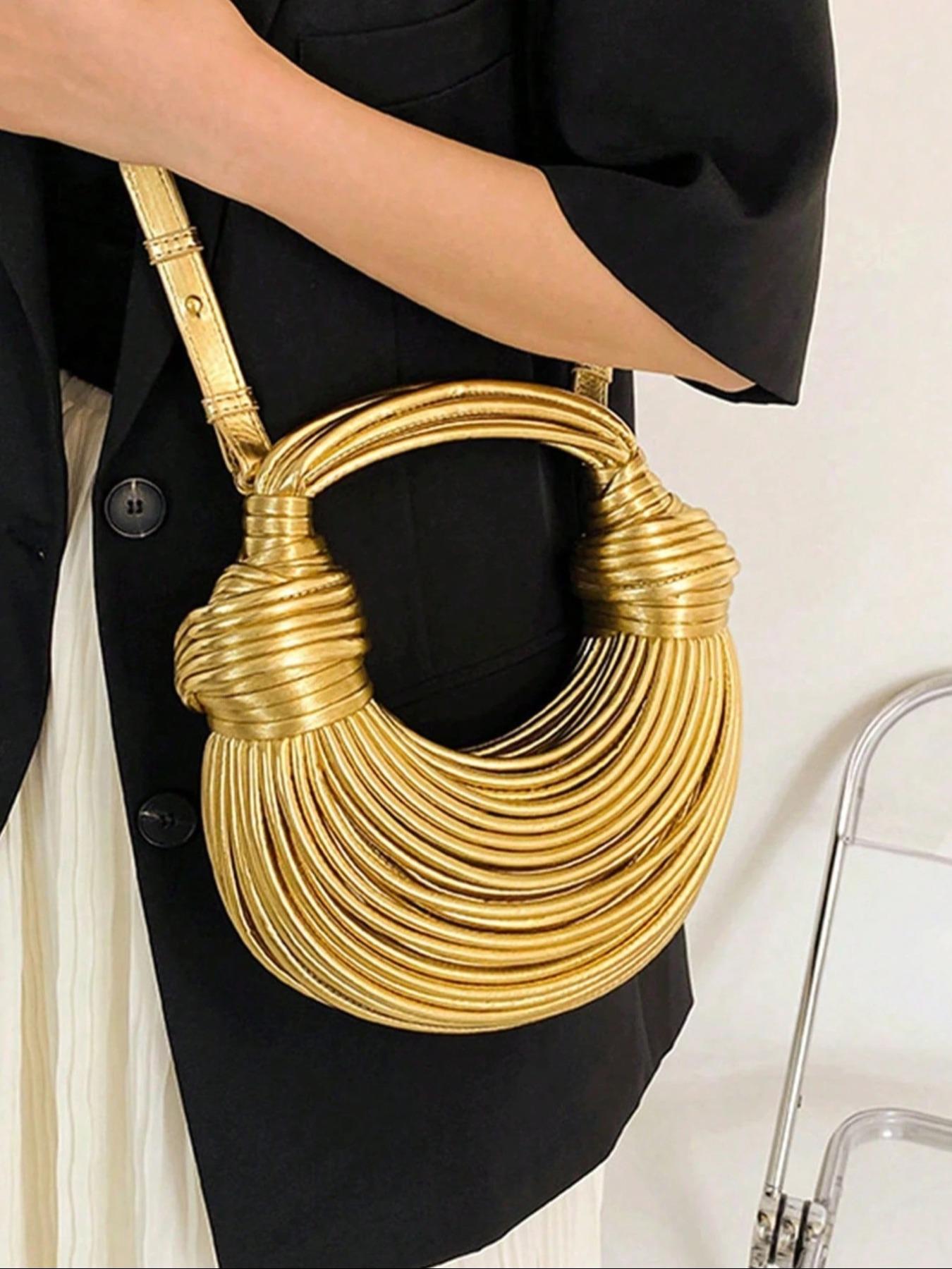 Fashion Gold Handmade Woven Bag Decoration Design Retro Heavy Shoulder Bag, Rope Knotted Pulled Noodle Bag, Ladies' Purse, Hobo Purse, Suitable For Shopping, Commuting To Work, Party Gathering.