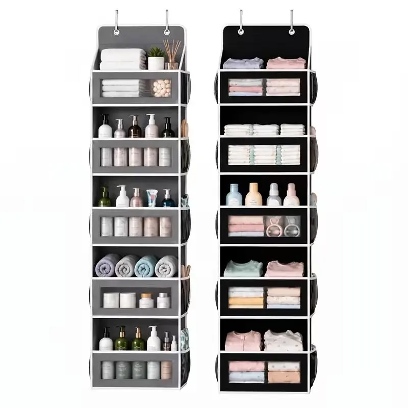 No-drill over-door organizer, 5-tier large capacity, 2 metal hooks, heavy-duty 600D Oxford fabric. Holds towels, snacks, odds & ends. No damage, instant install. Perfect for small spaces! dormitory storage