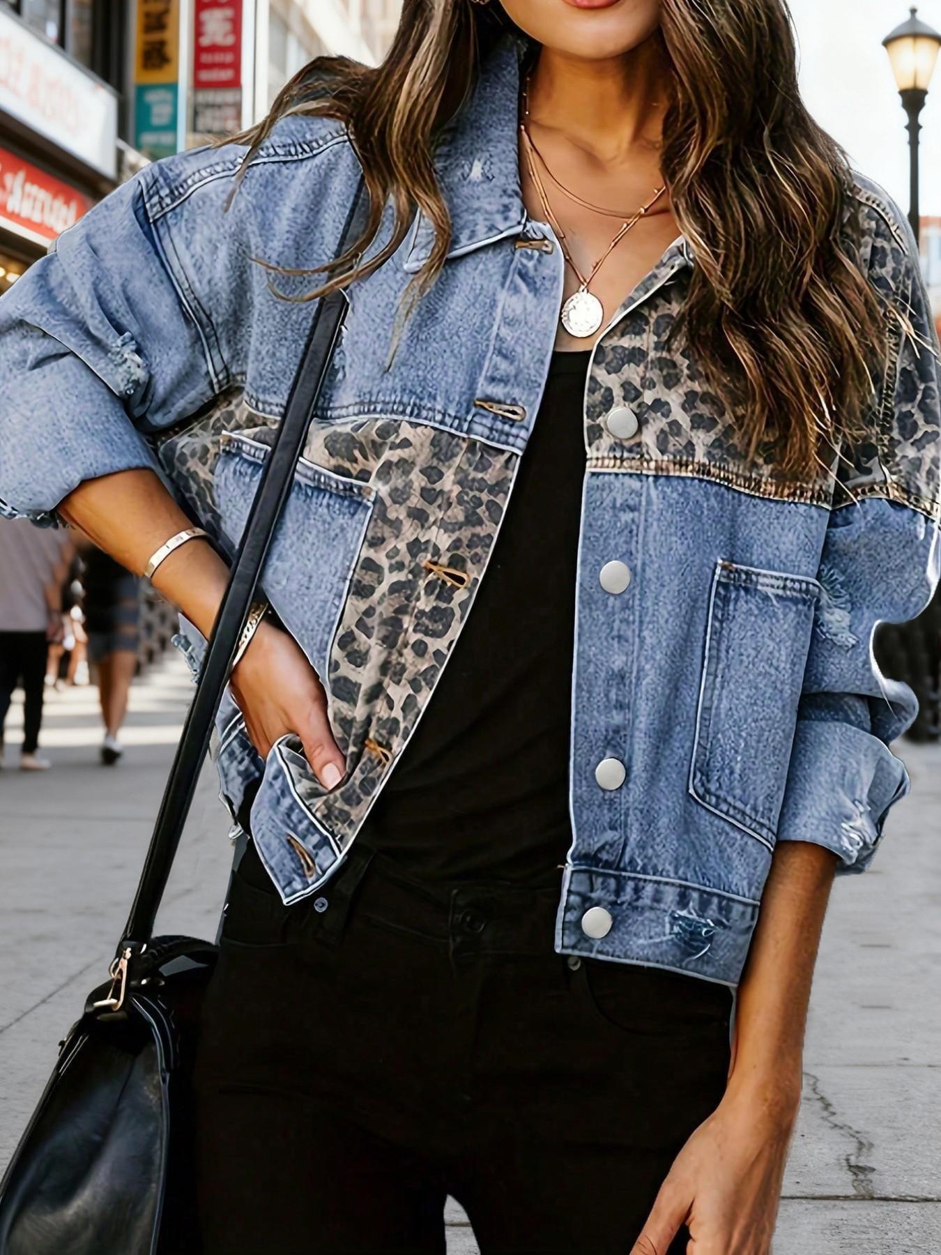 Women's Denim Jacket with Leopard Patch, Long Sleeve Button Fly Coat, Fitted Lapel Outerwear for Casual Style, Back to School Shopping