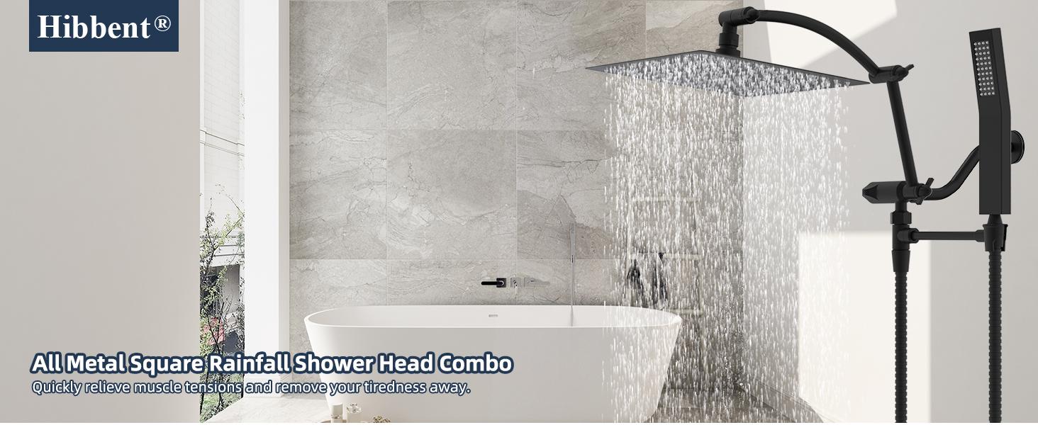 Hibbent All Metal 10'' Rainfall Shower Head, Square Shower Head Combo, High Pressure Handheld Shower Wand, 16'' Adjustable Arc-shaped Shower Extension Arm, 71'' Hose, 2 Showerhead Holders, Matte Black rain shower Hibbent All Metal 10'' Rainfall Shower Head, Square Shower Head Combo, High Pressure Handheld Shower Wand, 16'' Adjustable Arc-shaped Shower Extension Arm, 71'' Hose, 2 Showerhead Holders, Matte Black rain shower