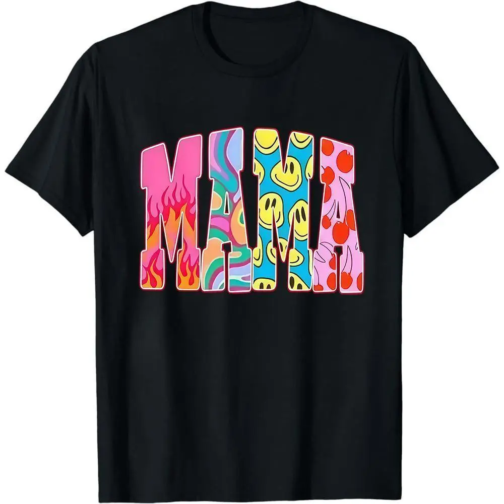 Men's Seamless Round Neck Short-Sleeve Cotton T-Shirt, Color Block 'MAMA' Graphic Top with Unique Letter Prints (Flames, Camo, Smiley, Dots), Black & White Menswear Clothes for Casual Home Use, Smooth Soft Foldable