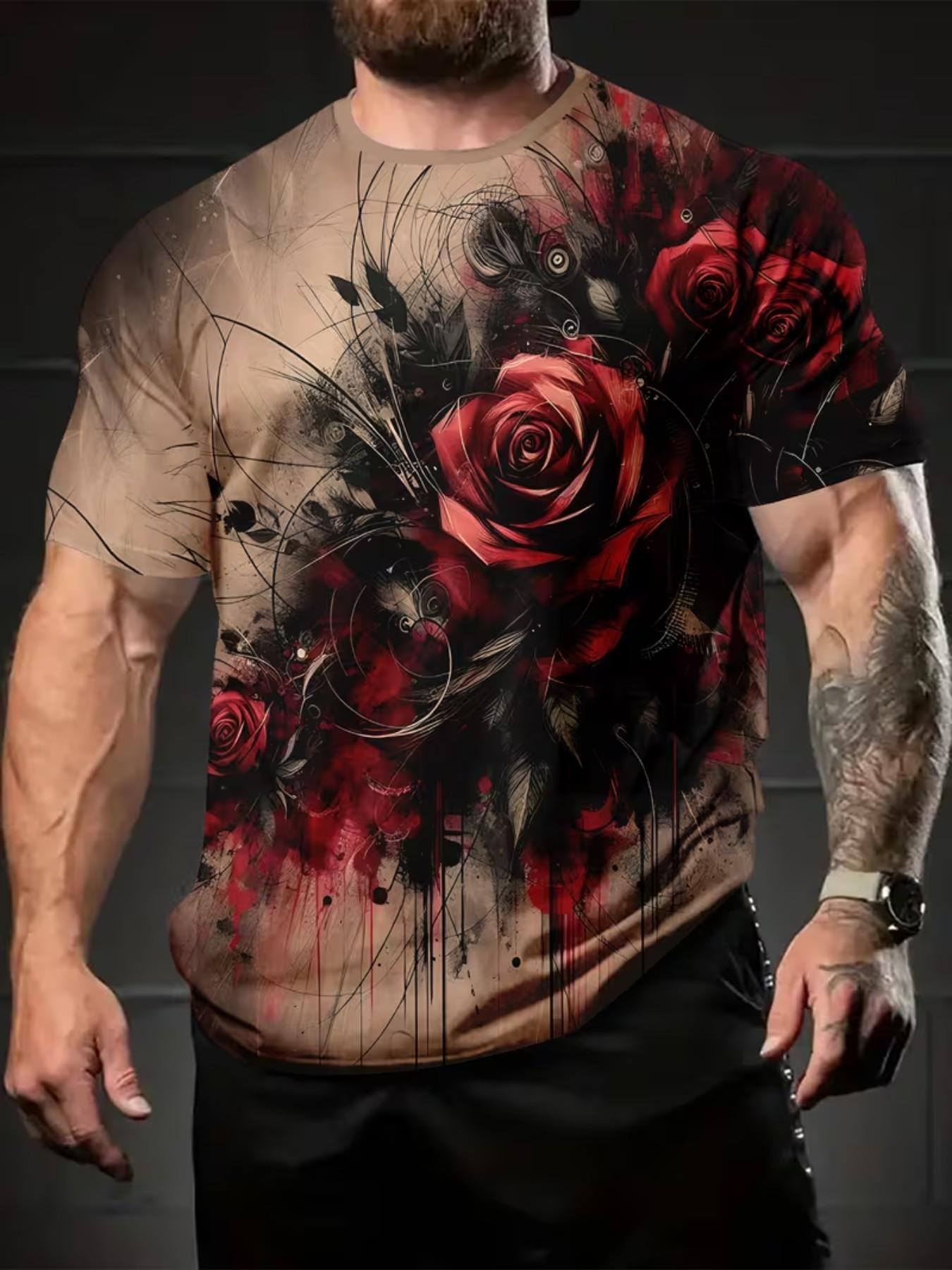 Men's Printed T-Shirt with Vibrant Round Neck Design and Short Sleeves, Valentine's Day Rose Doodle 3D Print, Summer Outdoors and Casual Wear