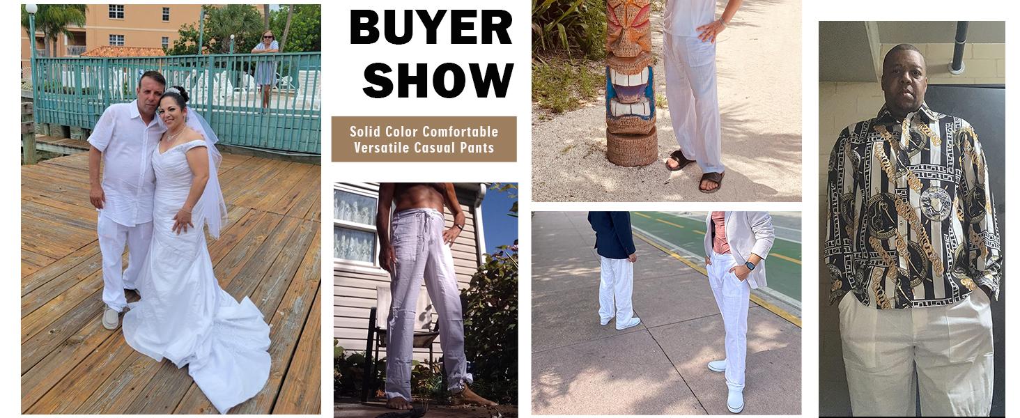 Runcati Mens Casual Linen Pants Loose Fit Elastic Drawstring Waist Straight-Legs Summer Yoga Beach Long Pants