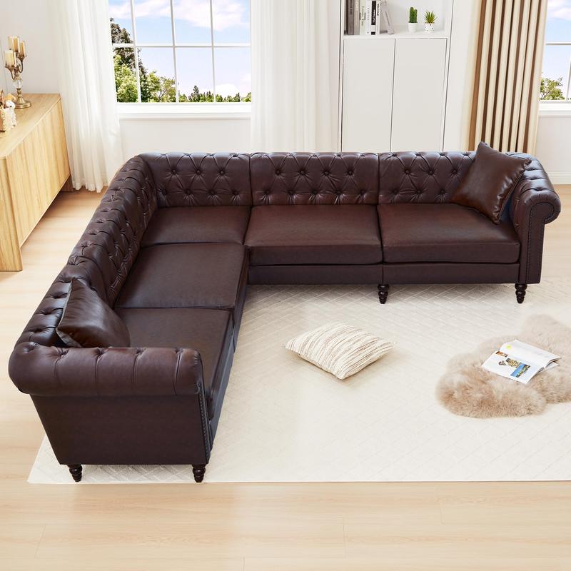 【Shipped in Two or More Packages】Giratree Furniture 98" PU Leather Chesterfield 3+2 Tufted Modular Sectional Sofa with Pillows, Rolled Arms and Nailhead Trim, Classic Upholstered Couch for Living Room, Apartment, Bedroom