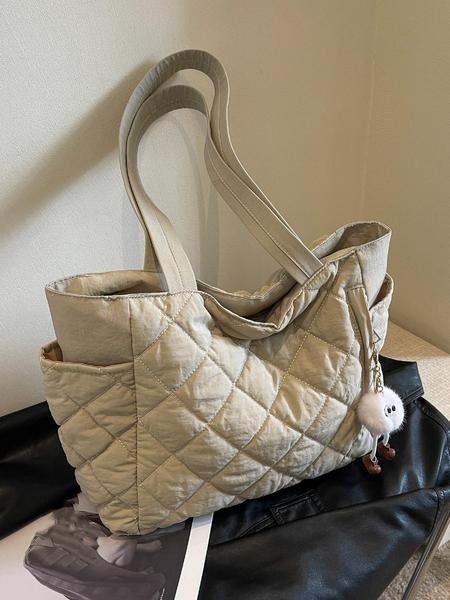 Women's Solid Quilted Soft Commuter Tote Bag, Fashionable Large Capacity Shoulder Bag for Daily Commute, Casual Trendy Versatile High-quality Daily Commuting Bag