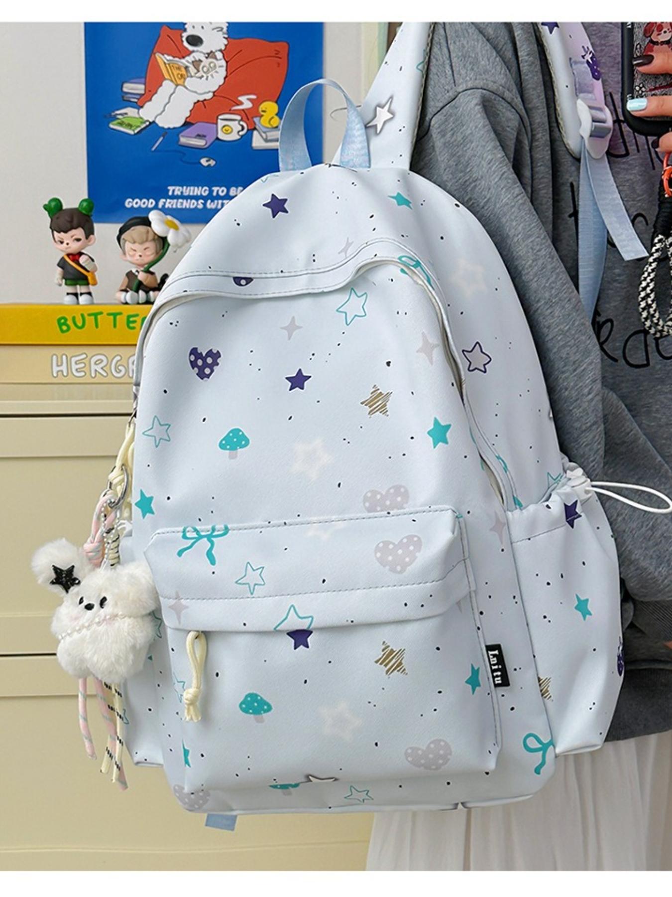 Cute Star Heart Print Backpack for Women, Fresh Casual Large Capacity Student Bag, Lightweight Nylon Travel Backpack