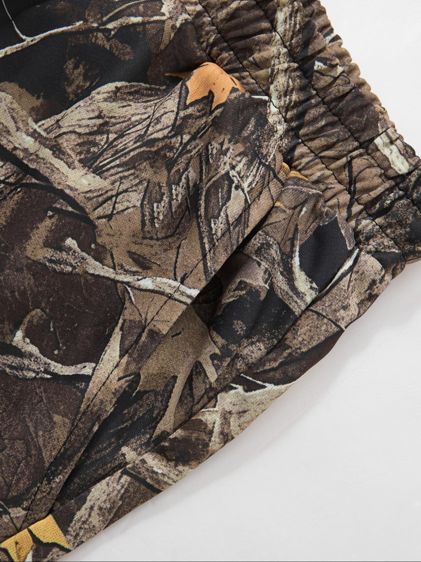 Men's Fashion Street Vintage Camo 2-Piece Set, Letter Print Short Sleeve T-Shirt & Leaf Camo Wide Leg Pants, Outdoor Adventure/street Style