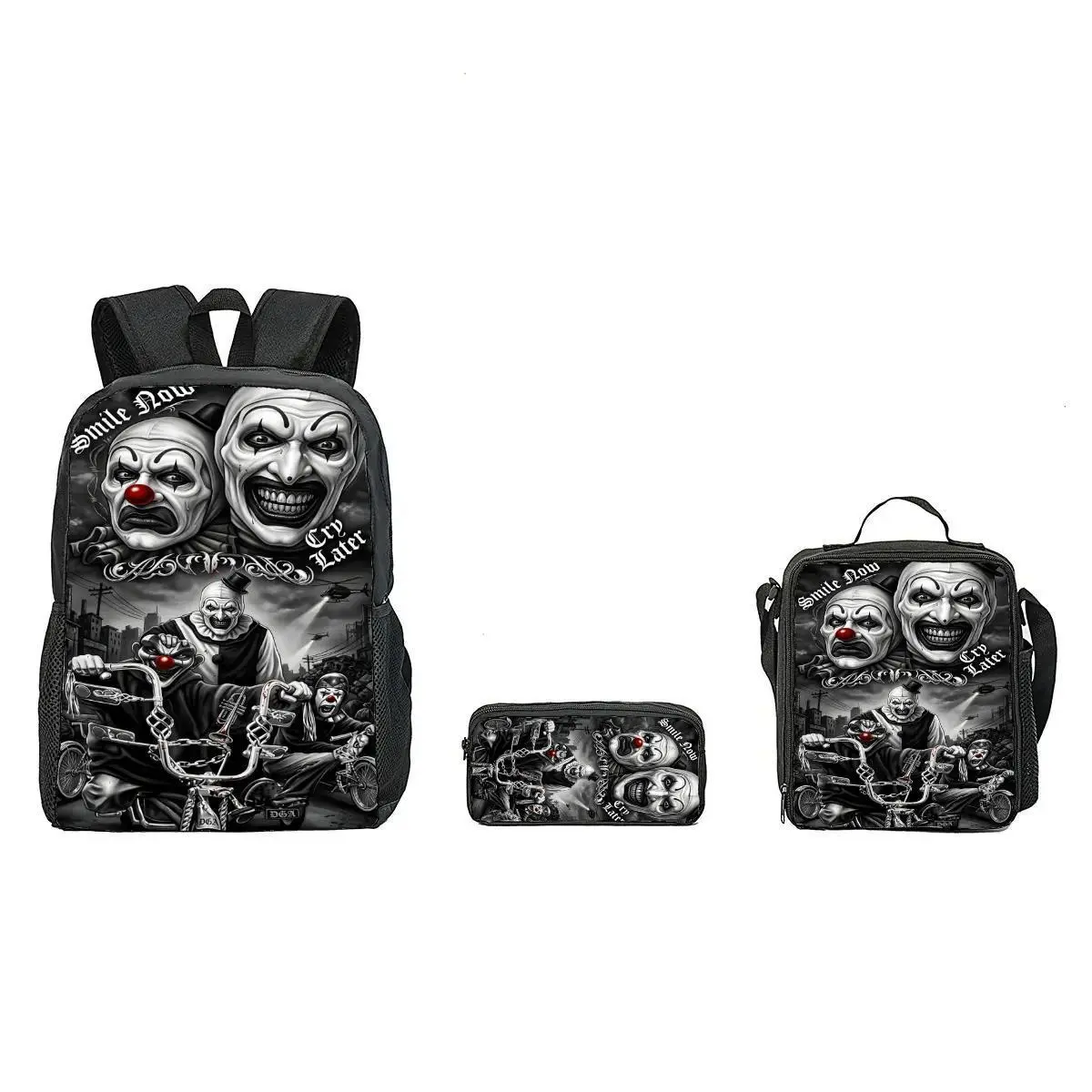 Terrifier Backpack Set 3PCS Horror Movie School Backpack With Lunch Bag Pencil Case Cute Creepy Aesthetic Bookbag For Teens Kids Back To School Gift Travel Daypack Large Capacity Viral Halloween School Bag Set