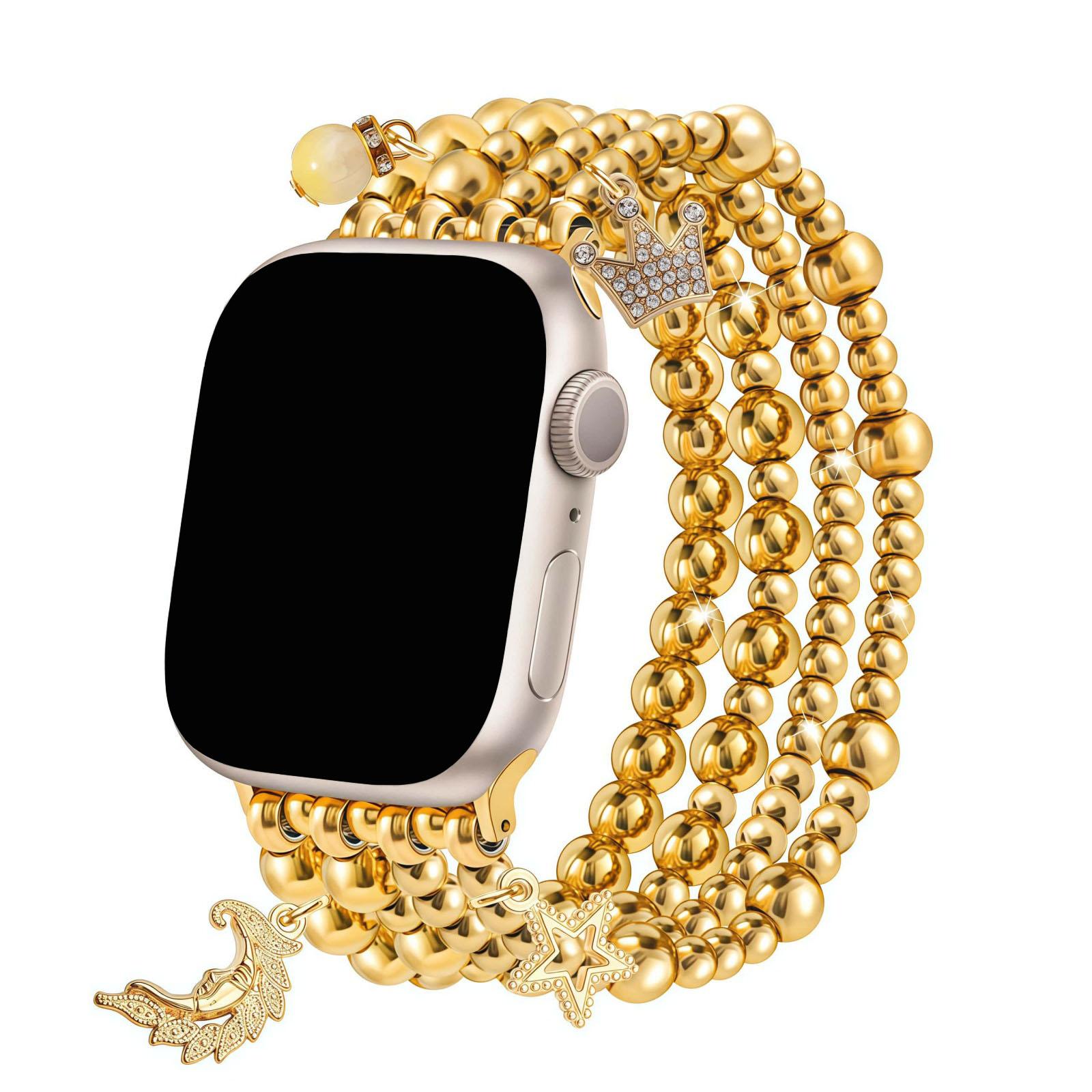 Gold bead bracelet suitable for 38mm 40mm 41mm 42mm women's Apple Watch strap, Smartwatch Accessories, iWatch SE series handmade dress iPhone strap elastic strap heart-shaped pendant strap, women's pearl strap, Smart Watch Straps