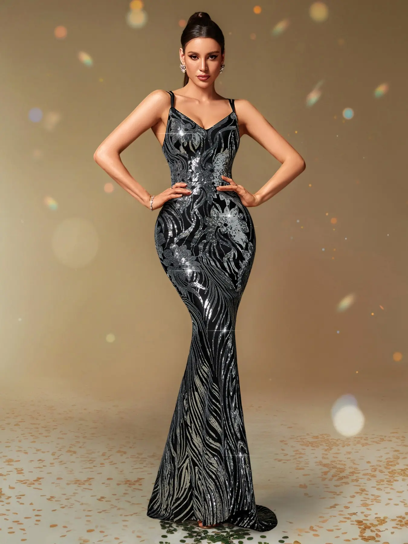 Women's Random Print Italian Noodle Strap Spaghetti Strap Bodycon Fit Backless Formal Wear Evening Gown, Sequin Embellished Party Dress, Stylish and Elegant, Womenswear, Formal Dresses