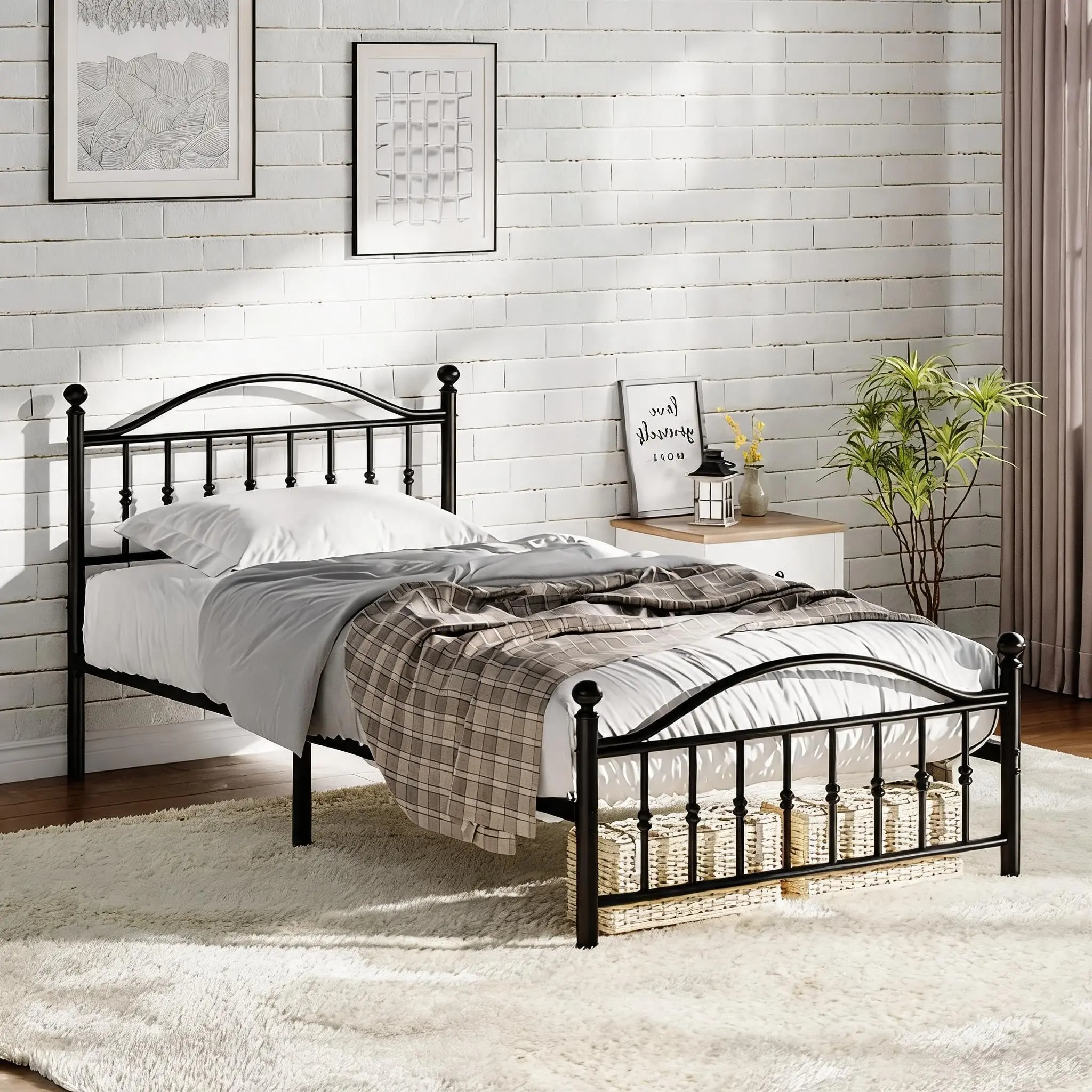 Metal Platform Bed Frame in Twin, Full, and Queen Sizes with Vintage Circular Headboard and Footboard, Heavy-Duty Iron Construction, No Box Spring Needed, Noise-Free Design, Easy Assembly, Black Finish
