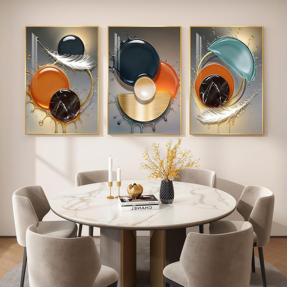 3 Counts Aluminum Alloy Framed Painting, Abstract Color Liquid Splash And Feather Art, Home Decoration For Living Room, Bedroom, Office, Restaurant, Hallway Wall Decor, Odorless Print Artwork, Luxury Perfect Gift For Friends And Family