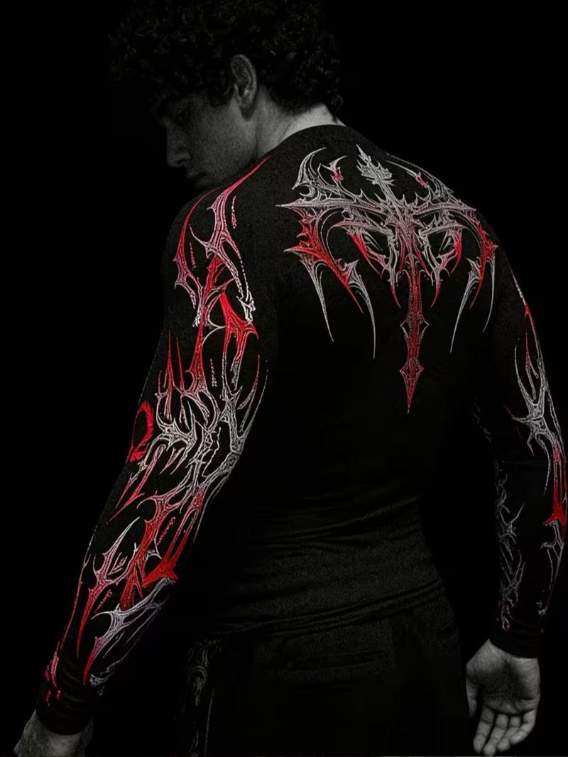 Men's Professional Sports Quick-Dry Fitness Shirt, Gothic Print Long Sleeve, High Elasticity, Round Neck, Moisture-Wicking, Running, Training, Daily Wear, Athletic Top